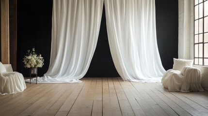 A refined interior featuring a luxurious white curtain backdrop on a wooden floor, beautifully contrasted with a bold black wall for sophistication.
