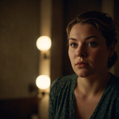 Portrait Of A Plus-size Woman Looking At A Vintage Mirror With Contemplative Expression, Warm Glow, Soft-focus, Emotional Portrait Self-reflection