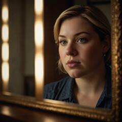 Portrait Of A Plus-size Woman Looking At A Vintage Mirror With Contemplative Expression, Warm Glow, Soft-focus, Emotional Portrait Self-reflection