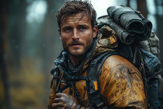 Survivalist adventurer in a remote forest setting