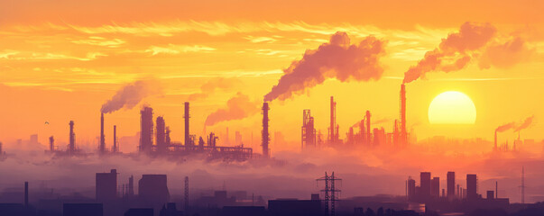 stunning sunset over coastal cityscape, showcasing gas refinery with smoke rising from its chimneys. vibrant colors of sky create dramatic backdrop, highlighting industrial landscape