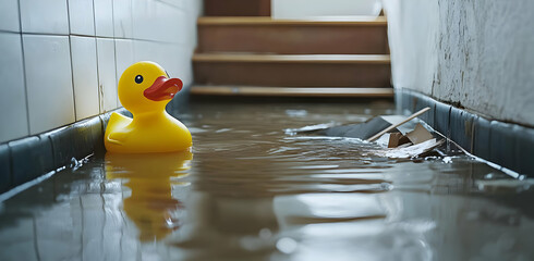 Yellow Rubber Duck in a Flooded Basement Scene
