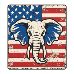 Resin fridge magnet with 3D relief effect, vector logo of the elephant on the background of the American flag, retro style, simple shape, white background