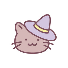 Cute cat wizard icon. Hand drawn illustration of a black cat in a witch hat isolated on a white background. Kawaii halloween sticker. Vector 10 EPS.