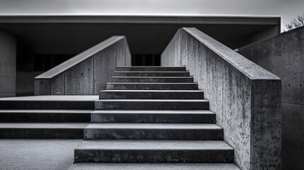 A monochrome image of concrete steps flanked by handrails on both sides