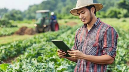 Fototapeta premium Farmer using a smart tablet to monitor crops in a large field, with modern machinery working in the background.