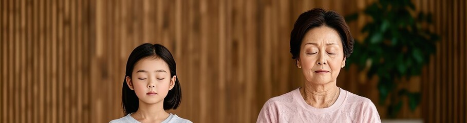 Woman and girl practicing mindfulness and meditation indoors.