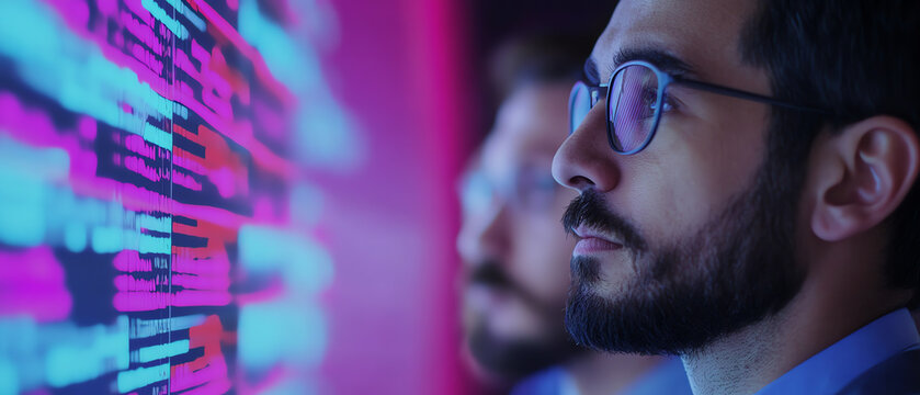 Close-up of a focused man analyzing digital data displayed on a colorful screen, illustrating modern technology and data analysis.