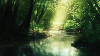 Obraz premium A serene blurred forest stream creating a dynamic backdrop, inviting tranquility and peace, perfect for adding text or messages.