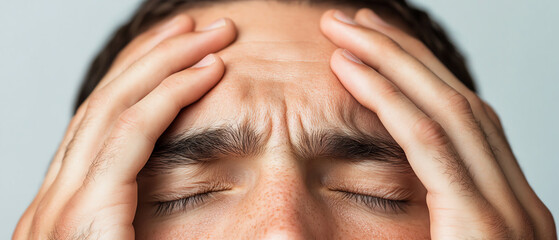Fototapeta premium Close-up of a man experiencing stress, with both hands on his forehead, conveying tension and emotional struggle.