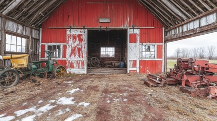 An old barn with chipped red paint, shattered windows, and rusted farm equipment scattered across the floor, evoking a sense of faded history.