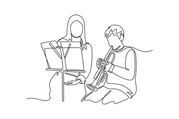 Student learning concept. Single line draw design vector graphic illustration.