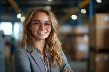 Fototapeta premium Happy young businesswoman smiling at the camera in a warehouse, Generative AI