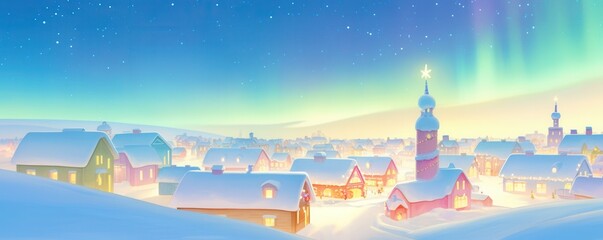 Christmas town square, vibrant lights, glowing aurora, festive celebration atmosphere