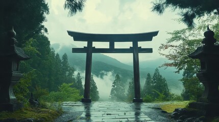 An illustration of a Shinto shrine in Japan, where visitors engage in rituals of purification and prayer, surrounded by beautiful nature, illustrating the connection between spirituality.