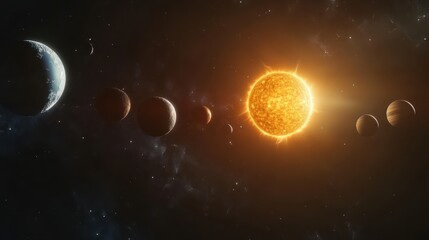 An illustration of the solar system, with planets orbiting around the sun, each labeled with their names and distances from the sun, emphasizing the vastness of space.