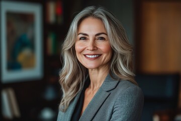 Excited to do it all over again: Mature business woman smiling in her office, wearing a classy business suit, Generative AI