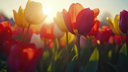Obraz premium Vividly colored tulips in shades of red, yellow, and orange, each with wide-open petals that catch the morning sunlight.