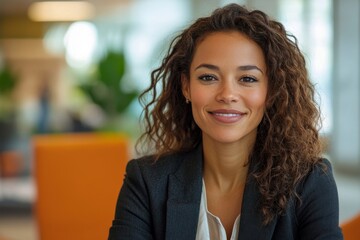 Businesswoman smiling at the camera in an office lobby, Generative AI