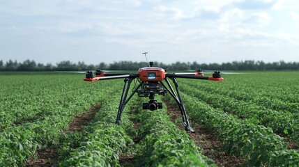 High-tech drone hovering over a vast field, scanning crops with precision technology. The future of agriculture.