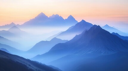 Fototapeta premium Mountain peaks at dawn bathed in the golden light of the rising sun. The sky features soft pastel hues, creating a calm and inspiring mountain scene.