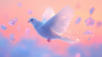 Fototapeta premium A tiny, graceful bird with feathers resembling soft, pastel petals that glow faintly in the sky. Its wings flutter lightly, and when it flies, a trail of glowing petals falls from its body, dissol