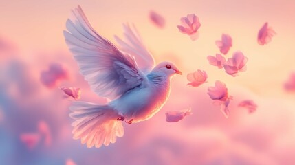 Fototapeta premium A tiny, graceful bird with feathers resembling soft, pastel petals that glow faintly in the sky. Its wings flutter lightly, and when it flies, a trail of glowing petals falls from its body, dissol