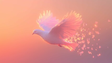 Fototapeta premium A tiny, graceful bird with feathers resembling soft, pastel petals that glow faintly in the sky. Its wings flutter lightly, and when it flies, a trail of glowing petals falls from its body, dissol