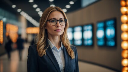 The businesswoman in glasses standing near the display