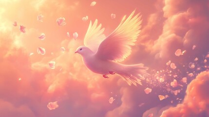 Obraz premium A tiny, graceful bird with feathers resembling soft, pastel petals that glow faintly in the sky. Its wings flutter lightly, and when it flies, a trail of glowing petals falls from its body, dissol