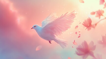 Fototapeta premium A tiny, graceful bird with feathers resembling soft, pastel petals that glow faintly in the sky. Its wings flutter lightly, and when it flies, a trail of glowing petals falls from its body, dissol