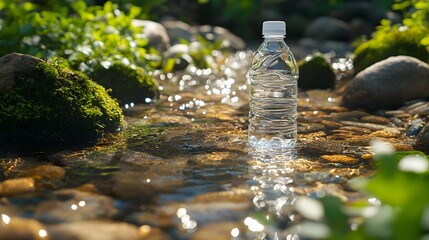Transparent Water Bottle Floating in a Serene Natural Stream