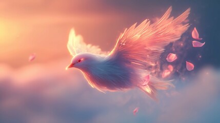 Obraz premium A tiny, graceful bird with feathers resembling soft, pastel petals that glow faintly in the sky. Its wings flutter lightly, and when it flies, a trail of glowing petals falls from its body, dissol