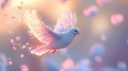 Fototapeta premium A tiny, graceful bird with feathers resembling soft, pastel petals that glow faintly in the sky. Its wings flutter lightly, and when it flies, a trail of glowing petals falls from its body, dissol