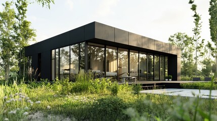 A box-shaped home with black metal siding and floor-to-ceiling windows. A rooftop garden is visible, with native plants adding a touch of greenery against the monochromatic design.