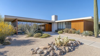 A boxy home with sharp edges, featuring alternating panels of wood and metal siding. Large rectangular windows on each side give it a symmetrical appearance.