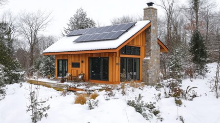 A compact, sustainable house features natural wood siding, solar panels on the roof, and a chimney. The front yard is landscaped with native plants, while snow lightly covers the ground and the roof.
