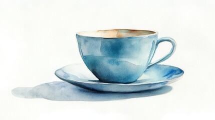 Fototapeta premium A soft watercolor painting of a blue teacup with a saucer, painted in delicate shades with slight shadowing, isolated on a clean white background