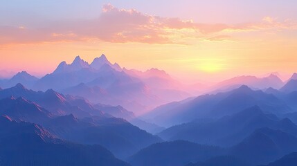 Obraz premium Sun-kissed peaks at dawn, with soft pastel skies above. The warm glow of the rising sun highlights the beauty of the serene mountain landscape.