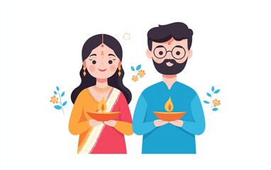 Couple celebrating diwali with traditional attire and diyas in hands