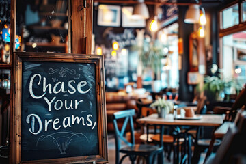 Cozy cafe atmosphere with chase your dreams sign
