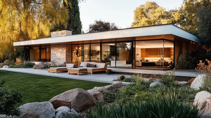 A snug, single-story modern house features a flat roof and incorporates a blend of stone, wood, and glass elements.