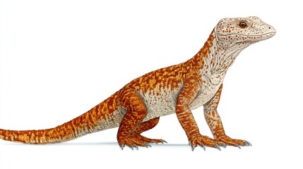 Obraz premium A red and white lizard with a long tail and short legs is sitting on a white background.