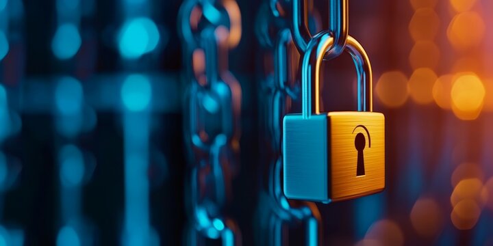 close up of shiny padlock hanging from chain, symbolizing security and protection. background features blend of blue and orange lights, creating dramatic and secure atmosphere