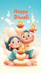 Fototapeta premium Joyful diwali celebration with happy characters holding diyas and floating lights
