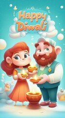Fototapeta premium Cheerful cartoon characters celebrating diwali with diyas and festive joy