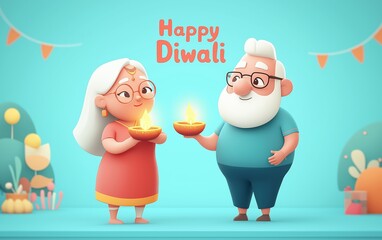 Elderly couple celebrating diwali with diyas in festive atmosphere