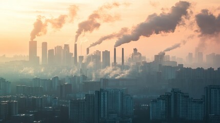 Fototapeta premium A cityscape with visible smog caused by greenhouse gas pollution, where car exhaust and factory emissions contribute to poor air quality and climate change
