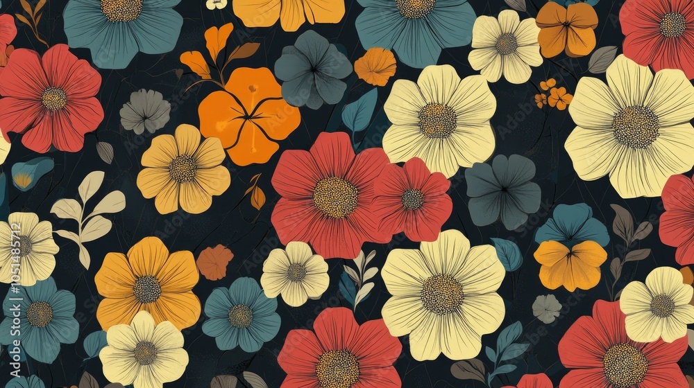 Poster vivid retro flowers captured in hexagonal shapes, creating a pattern that flows rhythmically with vi