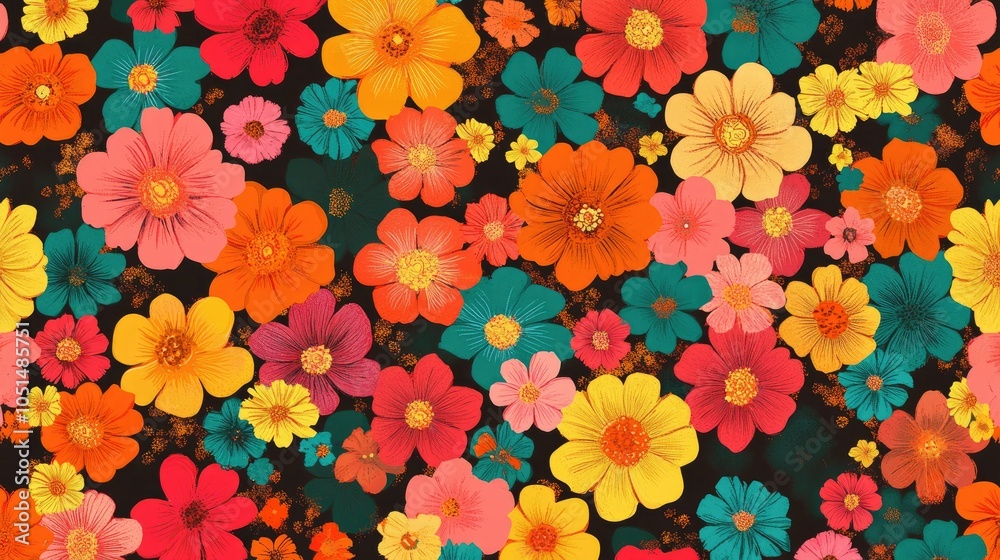 Poster vivid retro flowers captured in hexagonal shapes, creating a pattern that flows rhythmically with vi